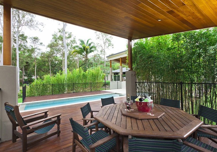 Modern backyard with entertaining area and pool in stylish Australian home